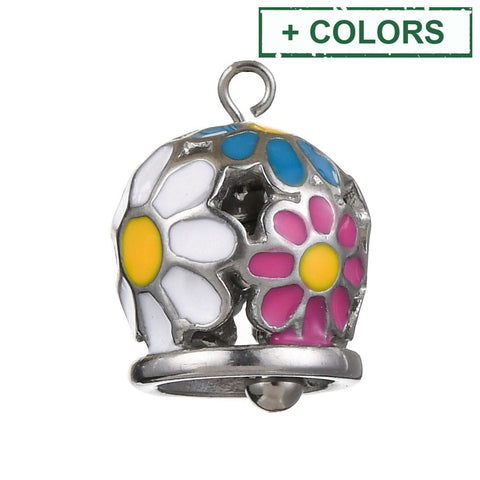 304 Stainless Steel Pendants, with Enamel, Bell with Flower Charm 304 Stainless Steel Pendants, with Enamel, Bell with Flower Charm