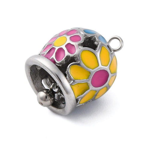 STAINLESS STEEL 304 Stainless Steel Pendants, with Enamel, Bell with Flower Charm 304 Stainless Steel Pendants, with Enamel, Bell with Flower Charm