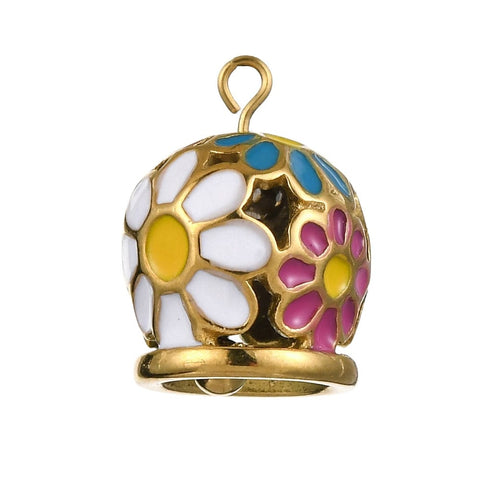 304 Stainless Steel Pendants, with Enamel, Bell with Flower Charm, Golden 304 Stainless Steel Pendants, with Enamel, Bell with Flower Charm, Golden