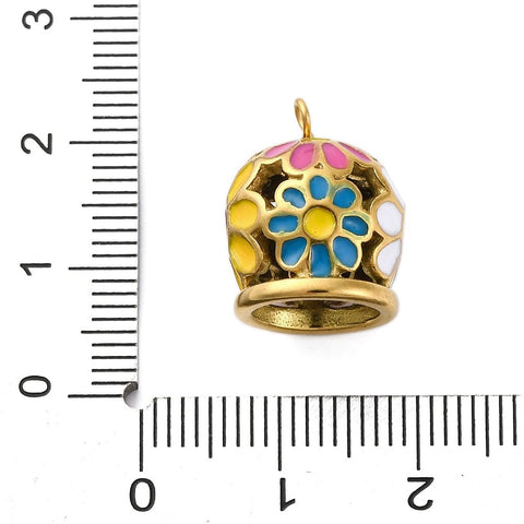 304 Stainless Steel Pendants, with Enamel, Bell with Flower Charm, Golden 304 Stainless Steel Pendants, with Enamel, Bell with Flower Charm, Golden