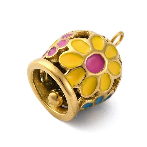 304 Stainless Steel Pendants, with Enamel, Bell with Flower Charm, Golden 304 Stainless Steel Pendants, with Enamel, Bell with Flower Charm, Golden