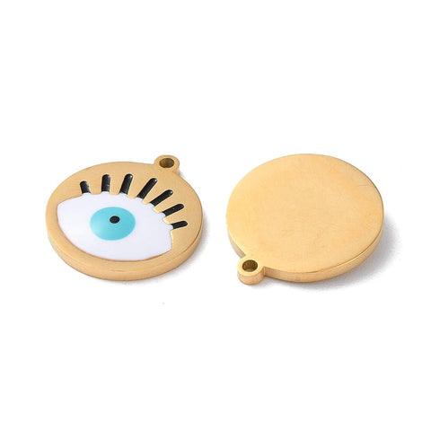 ION GOLD PLATED 304 Stainless Steel Pendants, with Enamel, Flat Round with Evil Eye Pattern,  17x15x1.5mm 304 Stainless Steel Pendants, with Enamel, Flat Round with Evil Eye Pattern,  17x15x1.5mm