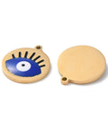 ION GOLD PLATED/DARK BLUE 304 Stainless Steel Pendants, with Enamel, Flat Round with Evil Eye Pattern,  17x15x1.5mm 304 Stainless Steel Pendants, with Enamel, Flat Round with Evil Eye Pattern,  17x15x1.5mm