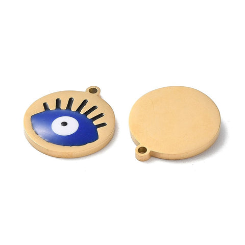ION GOLD PLATED/DARK BLUE 304 Stainless Steel Pendants, with Enamel, Flat Round with Evil Eye Pattern,  17x15x1.5mm 304 Stainless Steel Pendants, with Enamel, Flat Round with Evil Eye Pattern,  17x15x1.5mm