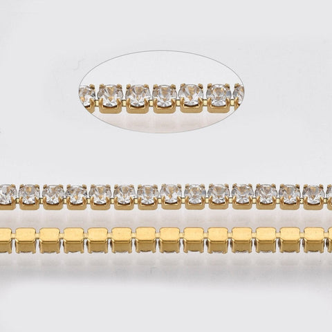 Crystal 304 Stainless Steel Rhinestone Strass Chains, Golden, Crystal, 2x2x2mm 304 Stainless Steel Rhinestone Strass Chains, Golden, Crystal, 2x2x2mm