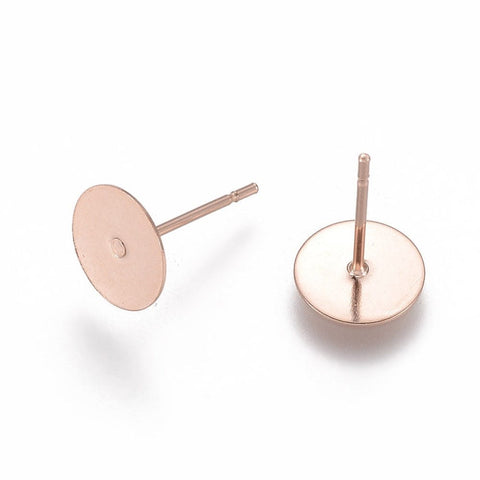 8x0.3mm : pin 0.7mm 304 Stainless Steel Stud Earring Findings, Flat Round, Rose Gold 304 Stainless Steel Stud Earring Findings, Flat Round, Rose Gold
