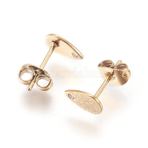 VACUUM GOLD PLATED 304 Stainless Steel Stud Earring Findings Golden, 5x8mm Vacuum Plating 304 Stainless Steel Stud Earring Findings for Dangle Charms, Textured Teardrop, Golden Size: teardrop: about 5mm wide, 8mm long, hole: 1mm; pin: 0.7mm.