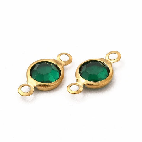 GREEN / ION GOLD PLATED 304 Stainless Steel with Glass Connector Charms, Flat Round Links, 12.5x7x2mm 304 Stainless Steel with Glass Connector Charms, Flat Round Links, 12.5x7x2mm