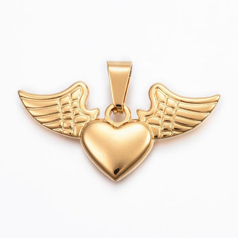 3pcs. 304 Stainless Steel Pendants, Heart with Wings, 20x40mm 3pcs. 304 Stainless Steel Pendants, Heart with Wings, 20x40mm