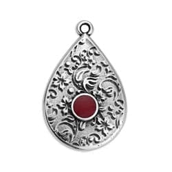 Silver Antique / Red 6pcs. Alloy Drop with Textured Pattern, 18x27mm 6pcs. Alloy Drop with Textured Pattern, 18x27mm