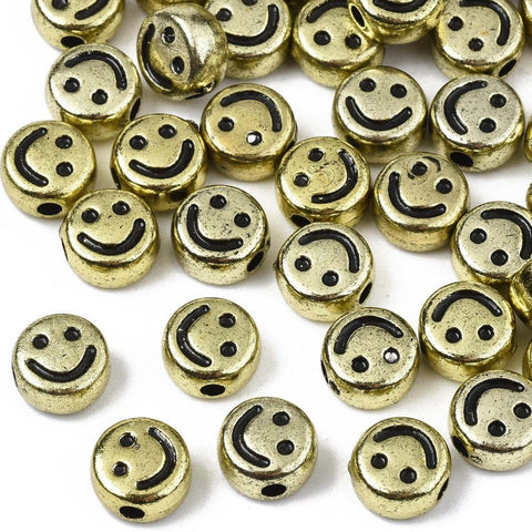 GOLDEN Acrylic Beads, Flat Round with Black Smiling Face, 7x4mm Acrylic Beads, Flat Round with Black Smiling Face, 7x4mm