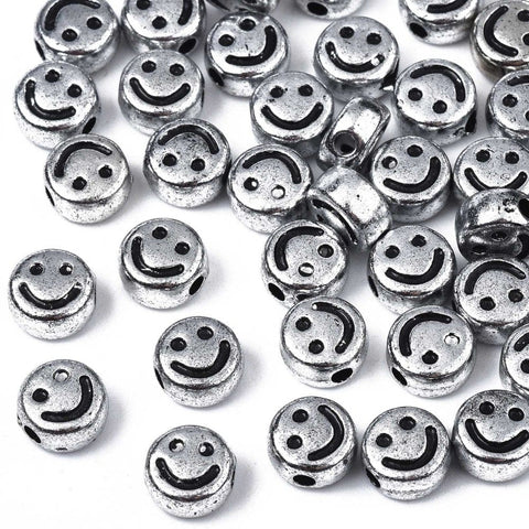 SILVER Acrylic Beads, Flat Round with Black Smiling Face, 7x4mm Acrylic Beads, Flat Round with Black Smiling Face, 7x4mm