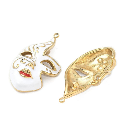 Balzar Crafts 18K Gold Plated 304 Stainless Steel Mask Pendant – White Enamel Charm, 40x21mm, Jewelry Making Supplies