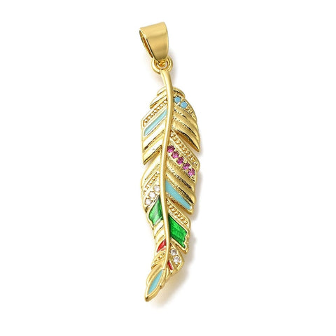 Balzar Crafts 18K Gold Plated Brass Feather Pendant – Micro Pave CZ with Enamel, 40.5x9.5mm Charm