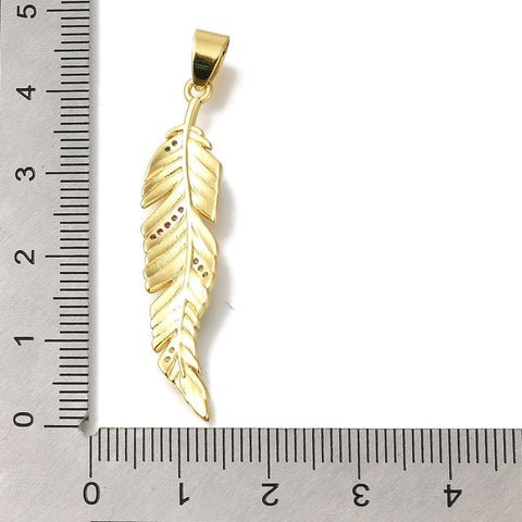 Balzar Crafts 18K Gold Plated Brass Feather Pendant – Micro Pave CZ with Enamel, 40.5x9.5mm Charm