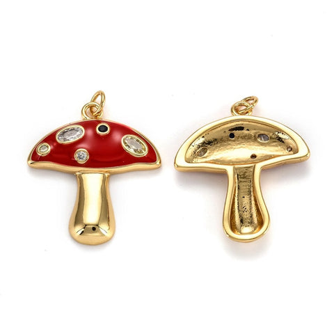 Balzar Crafts 18K Gold Plated Brass Mushroom Pendant | Micro Pave Cubic Zirconia  28x25mm Red Charm