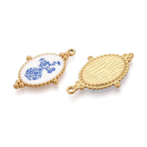Balzar Crafts Store 304 Stainless Steel Enamel Pendants, Oval with Flower Pattern Charms, Ion Plated