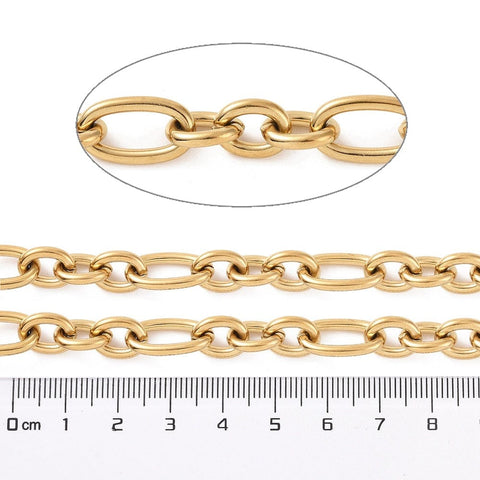 Balzar Crafts Store Ion Plated 304 Stainless Steel Figaro Chains, Unwelded, Golden, 17x10x2mm and 11x8.5x2mm