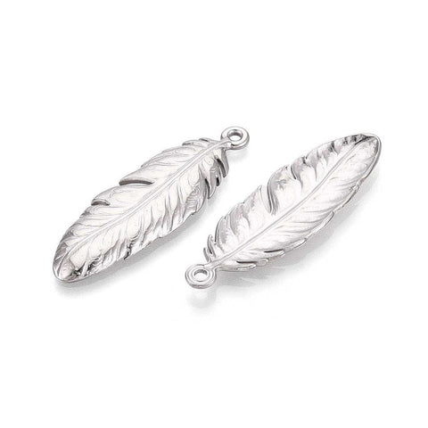 Balzar Crafts Store STAINLESS STEEL COLOR 304 Stainless Steel Feather Pendants, 46x15mm