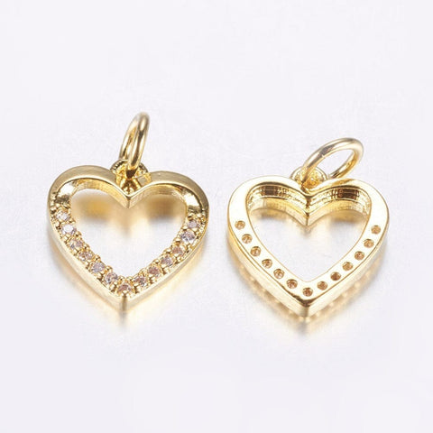 BeadsBalzar Beads & Crafts 18KT. GOLD PLATED (GQH8773-G) (GQH8773-X) Brass Micro Pave Cubic Zirconia Charms, Hollow Heart,  11.5x11x2mm (2 PCS)