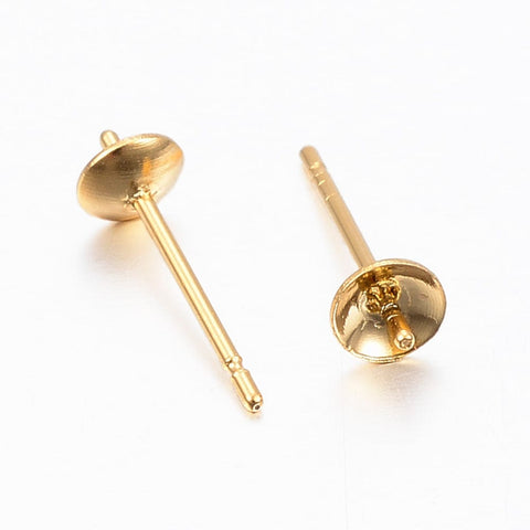 BeadsBalzar Beads & Crafts 304 Stainless Steel Post Stud Earring Settings 13.5x4mm – 24K Gold Plated for Half Drilled Beads