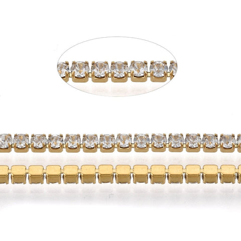 BeadsBalzar Beads & Crafts 304 Stainless Steel Rhinestone Strass Chains, Rhinestone Cup Chains, Golden, Crystal, 4mm