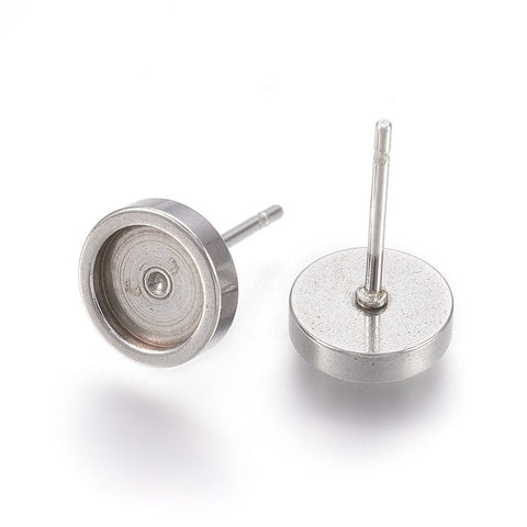 BeadsBalzar Beads & Crafts 304 Stainless Steel Stud Earring Settings, Flat Round, Stainless Steel Color, 8x2mm