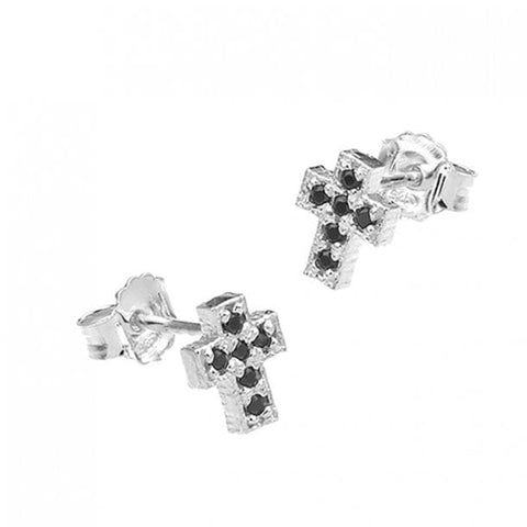BeadsBalzar Beads & Crafts (925-C140-S) SILVER 925 8MM BLACK ZIRCONIUM CROSS EARRINGS WITH PIN (1 PAIR)