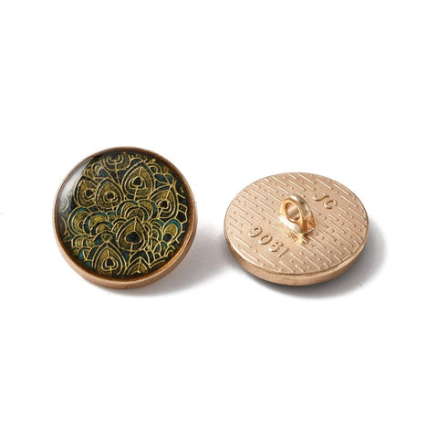 BeadsBalzar Beads & Crafts Alloy Enamel Shank Buttons, Flat Round with Tree, Light Gold, Olive Drab, 18x7~8mm