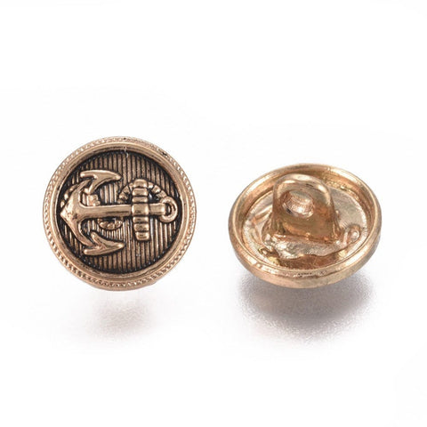 BeadsBalzar Beads & Crafts Alloy Shank Buttons, Flat Round with Anchor, Antique Golden, 11.5x7.5mm