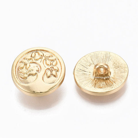 BeadsBalzar Beads & Crafts Alloy Shank Buttons, Flat Round with Tree of Life, Real 18K Gold Plated, 17.50x6.50mm