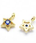 BeadsBalzar Beads & Crafts Brass Charms, with Cubic Zirconia, Star, Blue, Real 18K Gold Plated, 11x7.5x4mm