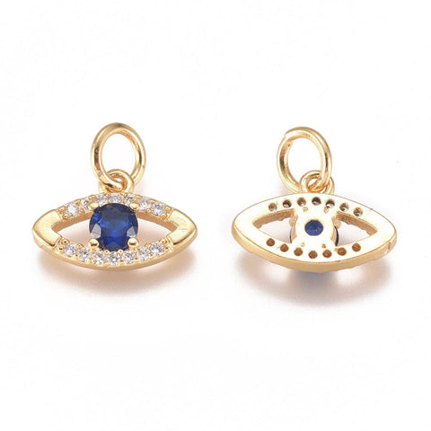 BeadsBalzar Beads & Crafts Brass Micro Pave Cubic Zirconia, Long-Lasting Plated, Eye, Blue, Real 18K Gold Plated, 8x12x2mm