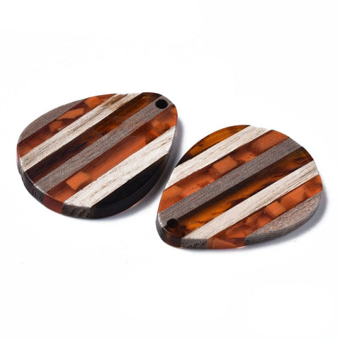 BeadsBalzar Beads & Crafts DARK ORANGE (OR8784-D02) (OR8784-X) Stripe Resin & Walnut Wood Pendants, Teardrop, 36x26x3mm (2 PCS)