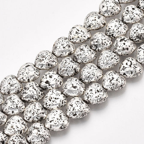 BeadsBalzar Beads & Crafts Electroplated Natural Lava Rock Beads, Bumpy, Heart, Platinum Plated