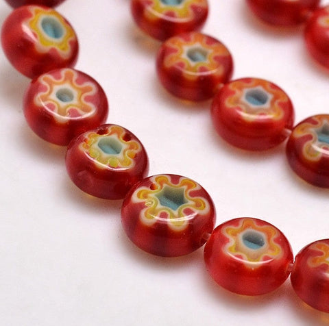 BeadsBalzar Beads & Crafts FIREBRICK (MB9054-02) (MB9054-X) Millefiori Glass Flat Round Beads 8mm (20 PCS)