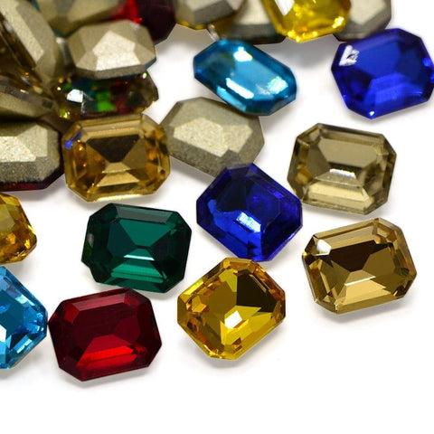 BeadsBalzar Beads & Crafts (GB8775-SM) Faceted Rectangle Glass Pointed Back Rhinestone Cabochons, Back Plated, Rectangle Octagon, Mixed Color, 10x8x4mm (5 PCS)