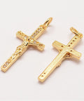 BeadsBalzar Beads & Crafts (GQC8773G) Brass Micro Pave Grade AAA Cubic Zirconia Pendants, Cross,, Real 18K Gold Plated, 23x11x3mm (2 PCS)