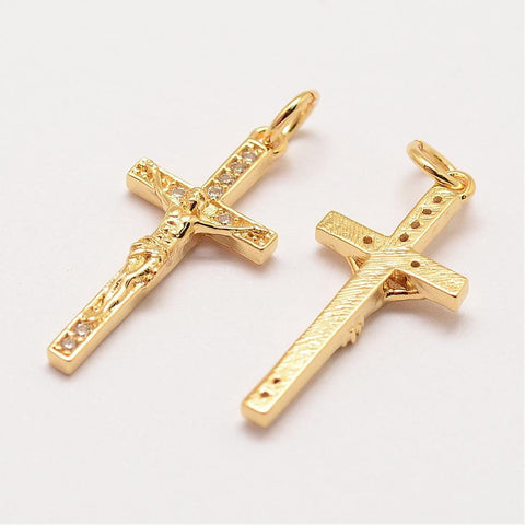 BeadsBalzar Beads & Crafts (GQC8773G) Brass Micro Pave Grade AAA Cubic Zirconia Pendants, Cross,, Real 18K Gold Plated, 23x11x3mm (2 PCS)