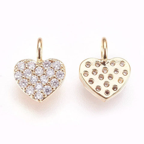 BeadsBalzar Beads & Crafts (GQH8757-G) Brass Micro Pave Cubic Zirconia Charms, Heart, Clear, 7x5mm (2 PCS)