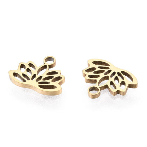 BeadsBalzar Beads & Crafts Ion Gold Plated 304 Stainless Steel Charms, Lotus Charms, 7.5x9.5x1mm