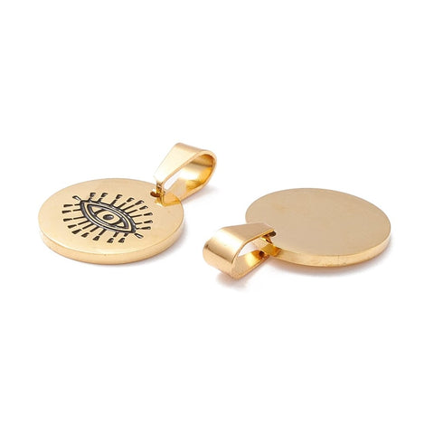 BeadsBalzar Beads & Crafts ION GOLD PLATED (SE8770G) (SE8770-X) 304 Stainless Steel Enamel Pendants, Flat Round with Evil Eye Pattern, 22mm (2 PCS)