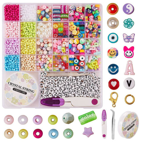 BeadsBalzar Beads & Crafts (KIT9175) DIY Beads Jewelry Set Making Kit, Including Polymer Clay & ABS Plastic Imitation Pearl & Acrylic & Resin Beads, Acrylic Pendants, Alloy Clasps, Iron Jump Ring, Elastic Thread, Scissor, Tweezer