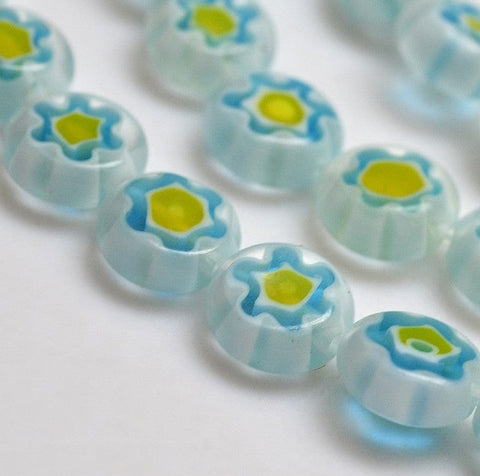 BeadsBalzar Beads & Crafts LIGHT CYAN (MB9054-18) (MB9054-X) Millefiori Glass Flat Round Beads 8mm (20 PCS)
