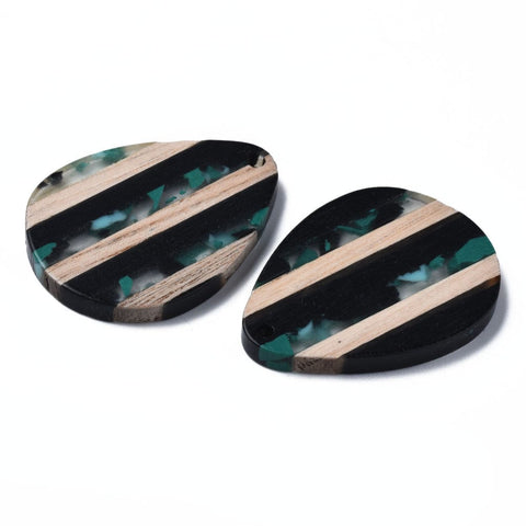 BeadsBalzar Beads & Crafts LIGHT SEA GREEN (OR8784-D01) (OR8784-X) Stripe Resin & Walnut Wood Pendants, Teardrop, 36x26x3mm (2 PCS)
