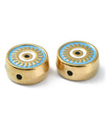 BeadsBalzar Beads & Crafts LIGHT SKY BLUE Ion Plated 304 Stainless Steel Enamel Beads, Real 18K Gold Plated, Flat Round with Evil Eye, 12x5.5mm