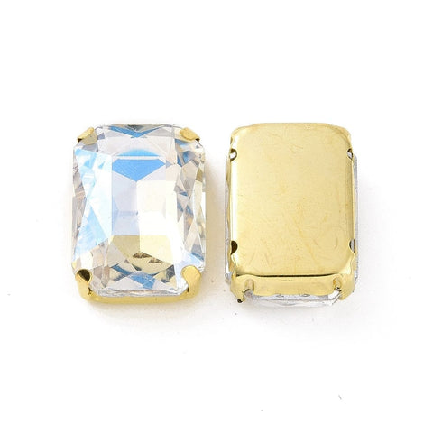 BeadsBalzar Beads & Crafts MOONLIGHT Rectangle Octagon Shape Sew on Glass Rhinestone, Faceted, Golden Tone 201 Stainless Steel Settings, 18x13x7mm
