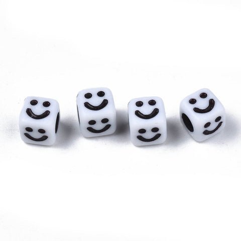 BeadsBalzar Beads & Crafts Opaque Acrylic Beads, Cube with Smiling Face, White Size: about 6x6mm