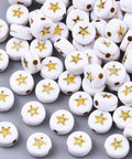 BeadsBalzar Beads & Crafts Opaque Acrylic, Flat Round with Star, White, Golden Plated 7x4mm