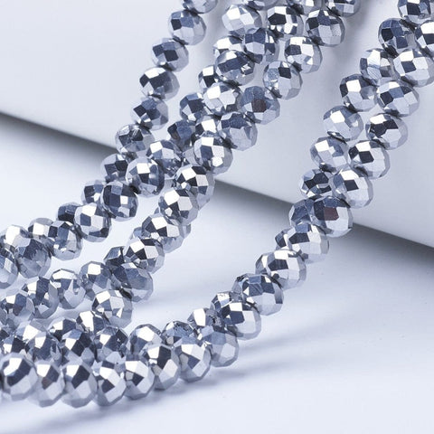 BeadsBalzar Beads & Crafts PLATINUM PLATED (BE8307-05) (BE8307-X) Electroplate Transparent Glass Beads, Full Plated, Faceted, Rondelle, 8x6mm (1 STR)